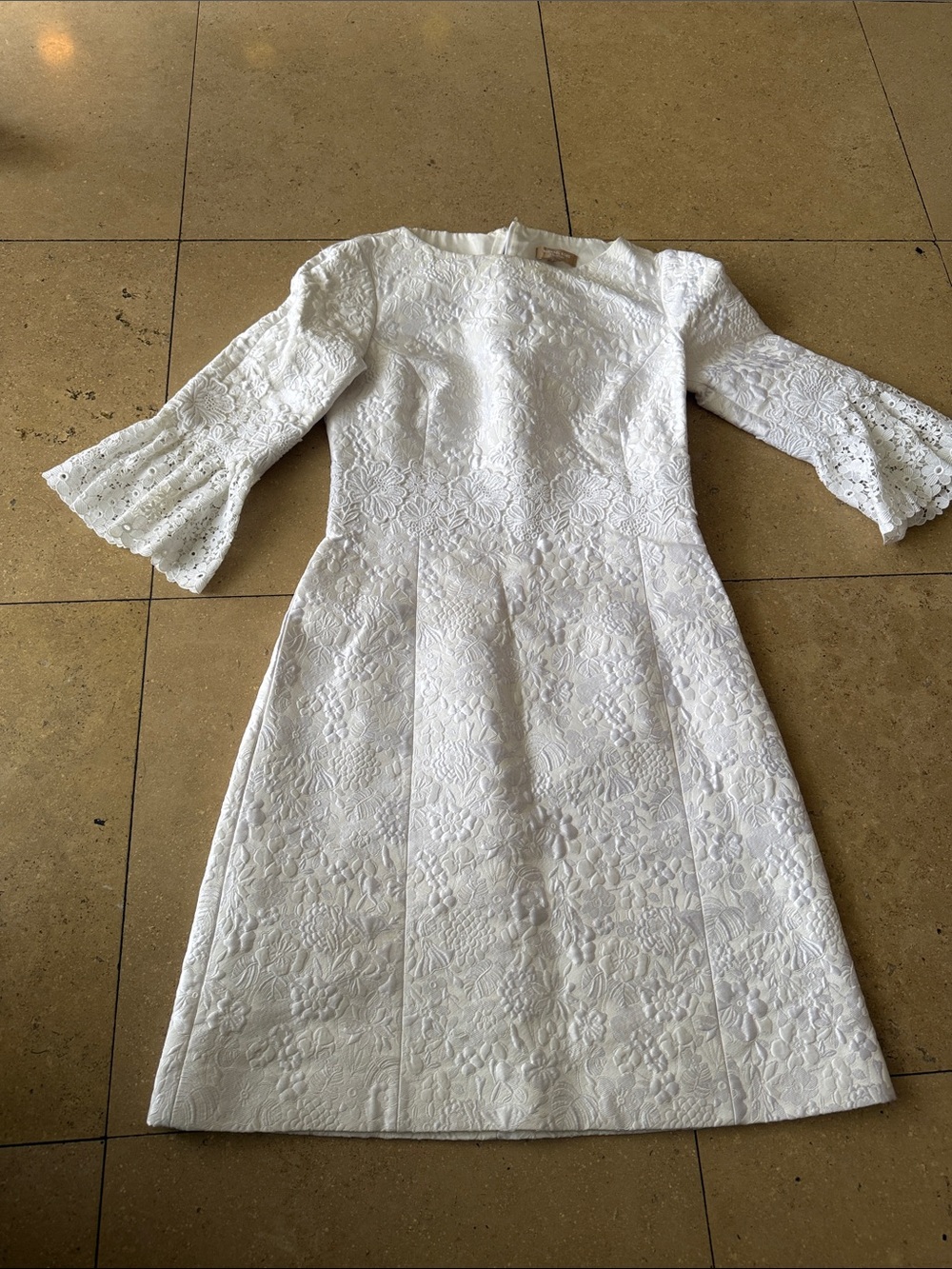 Michael Kors Collection White Floral Eyelet Midi Dress with Flared Sleeves